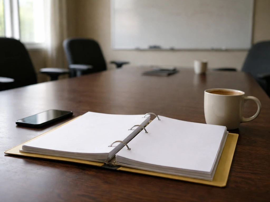 Minimal TV writers’ room desk with an open script binder, coffee mug, and soft daylight.