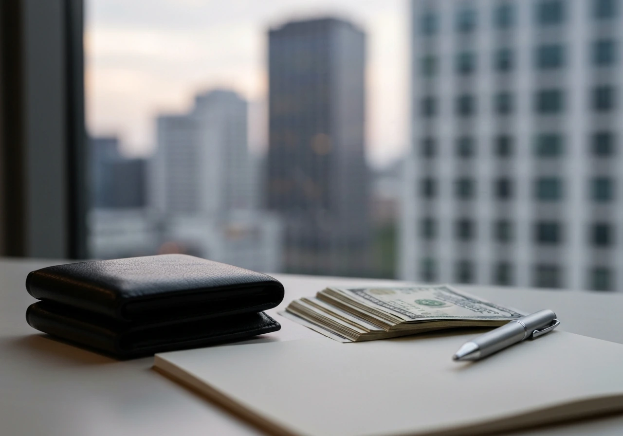 Minimal desk with a wallet and fanned bills, city buildings blurred in background, no people or text.