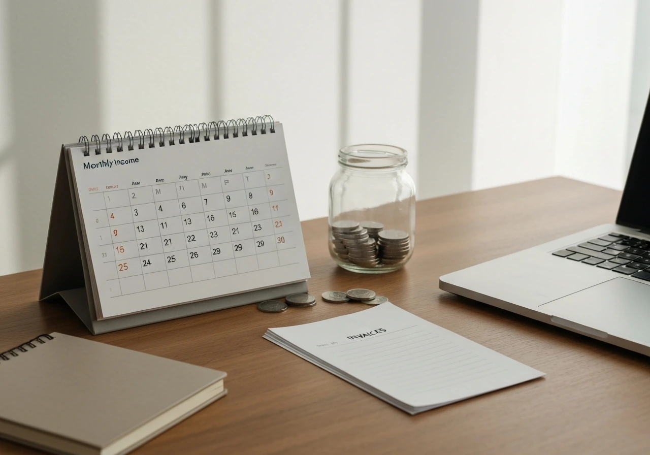 Clean desk with a desktop calendar and neatly arranged bills suggesting monthly retainer income