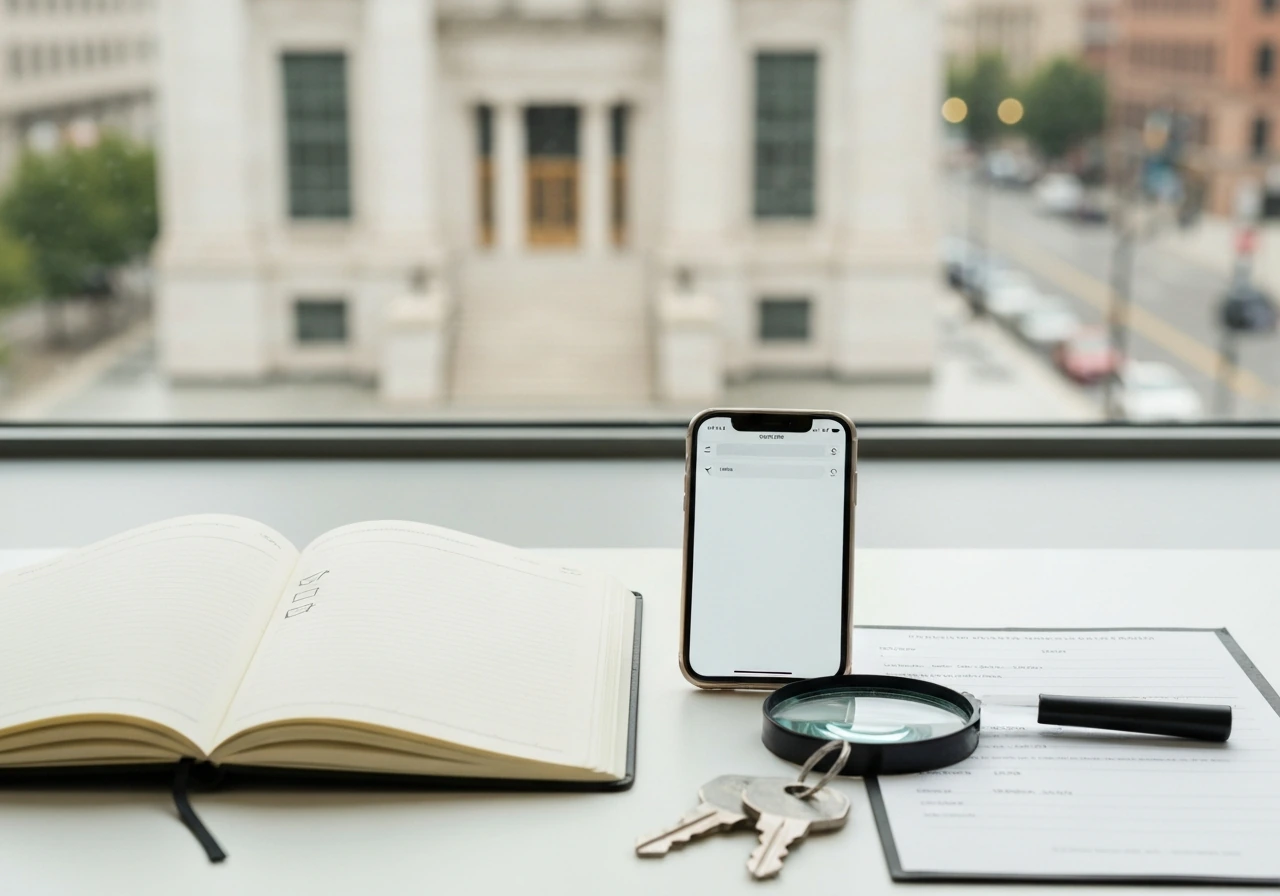 Desk with magnifying glass and blank checklist for verifying public records, blurred city background.