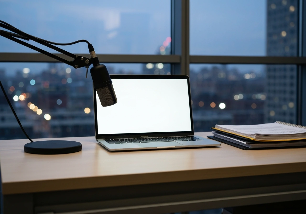 Media desk in a NYC-style office with a microphone, documents, and dusk city lights in soft focus.