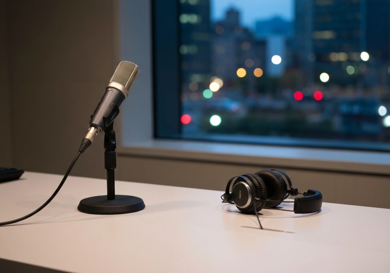 Empty modern newsroom desk setup with a broadcast microphone and city view, suggesting a media professional in NYC.