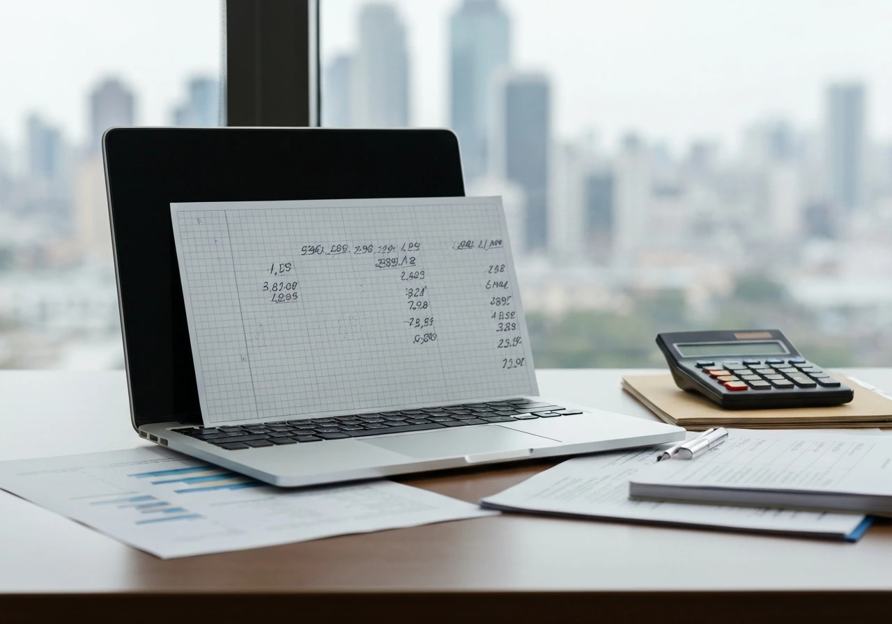 Open laptop and calculator on a desk with blank ledger-style grid to symbolize assets minus liabilities.