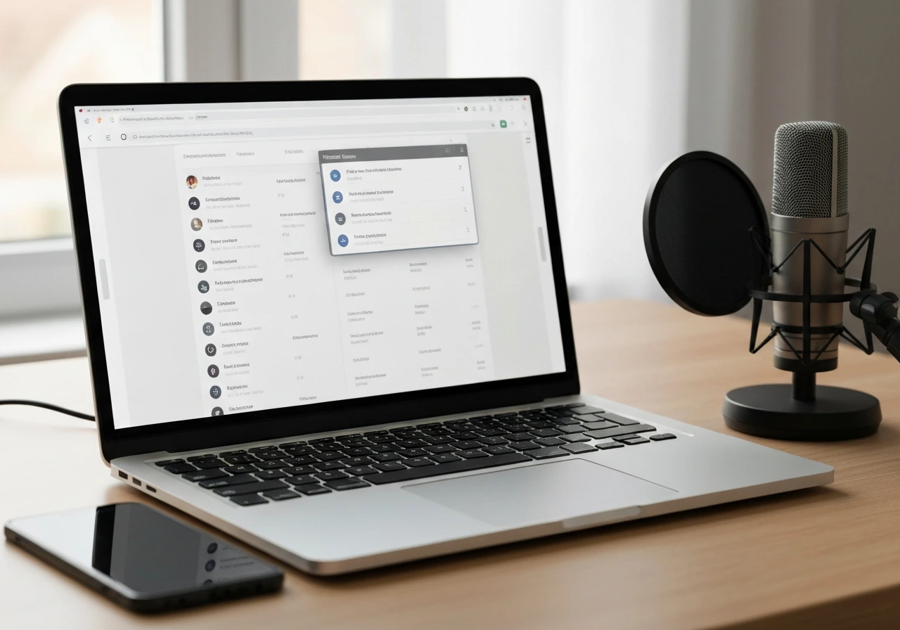 Minimal desk scene with a laptop browser-like results page, media source verification feel, no people.