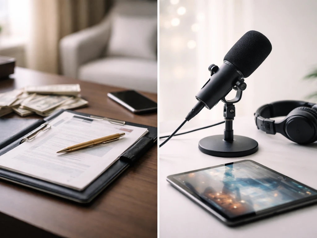 Split-screen: luxury office wealth cues on the left, podcast studio media cues on the right.