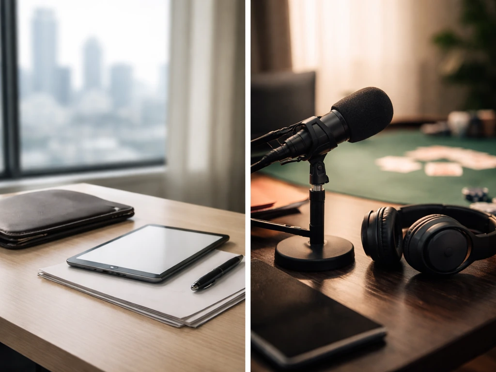 Split scene showing corporate finance vibe and media/poker lifestyle symbols without any person