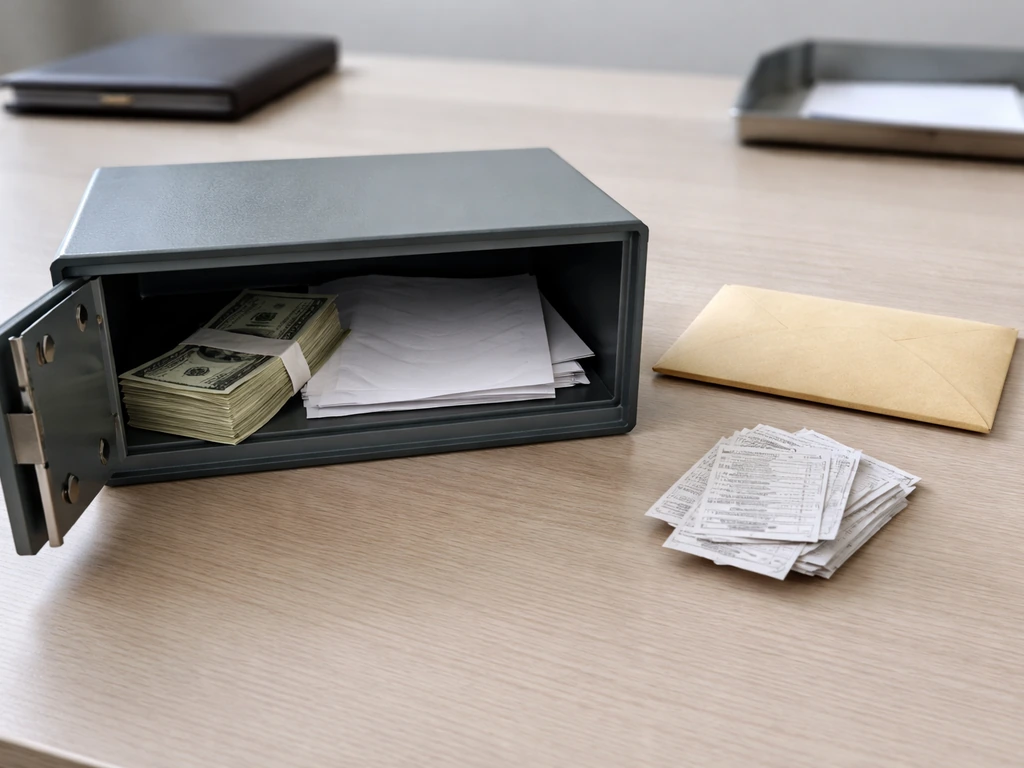 Close-up of an open safe deposit box with cash, documents, and a closed envelope beside it