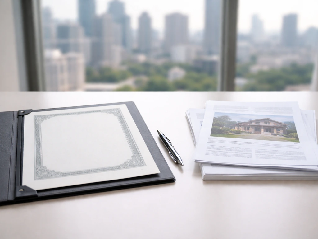 Desk with blank stock-certificate folder and property documents, with a softly blurred city view through a window.