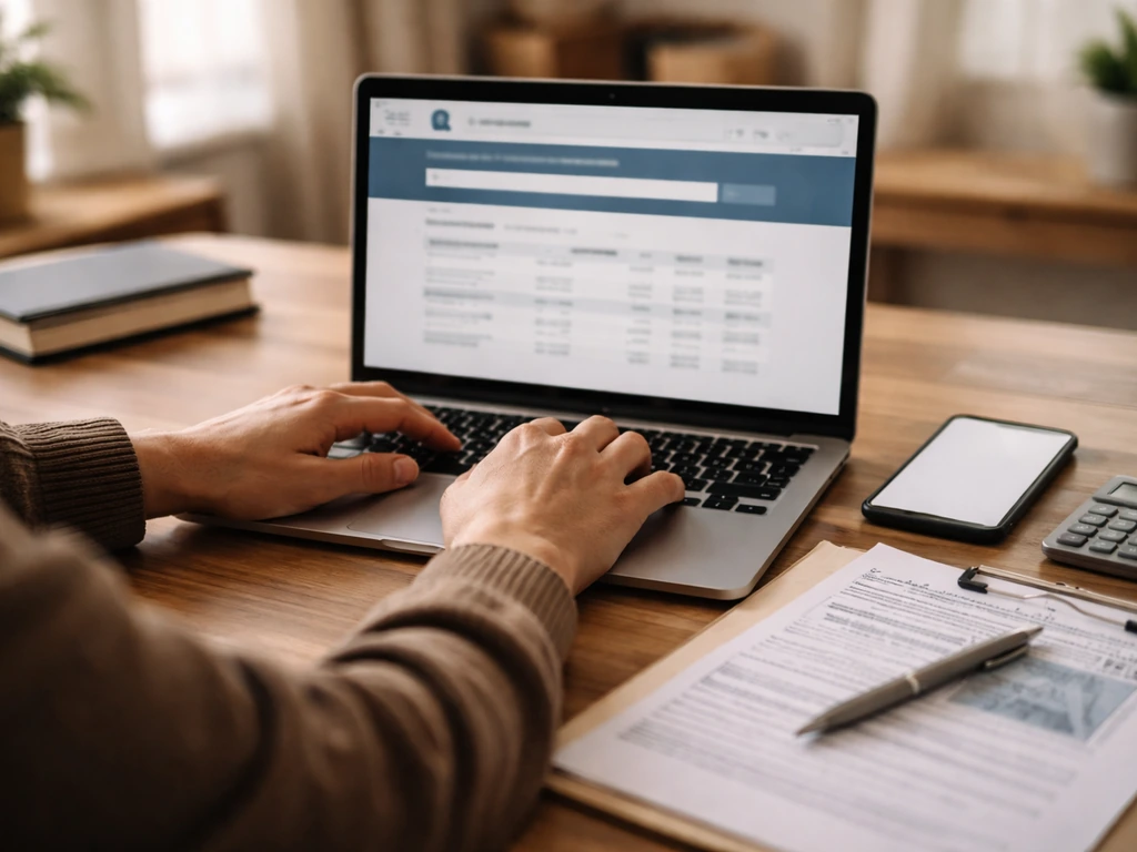 Hands at a laptop with a generic filing search interface and real estate documents on a simple desk.