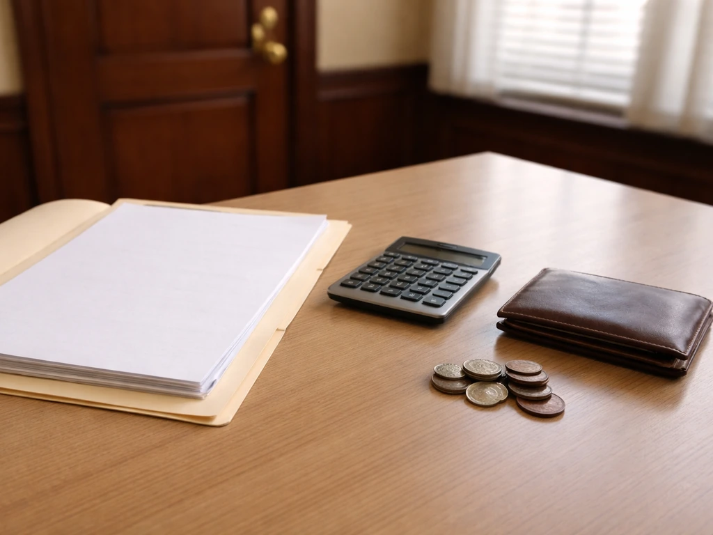 Desk with blank documents, coins, and calculator beside a blurred legal-looking room, symbolizing estate value.