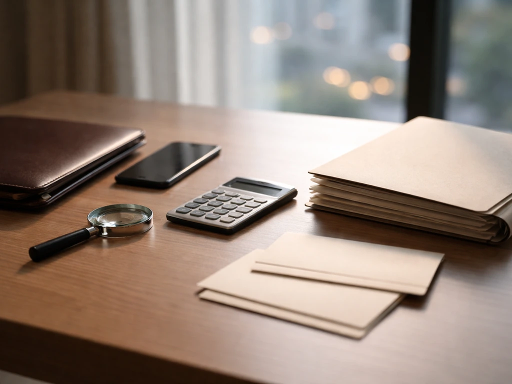 Minimal office desk scene with portfolio, folder, magnifying glass, and calculator symbolizing reconciliation of a money