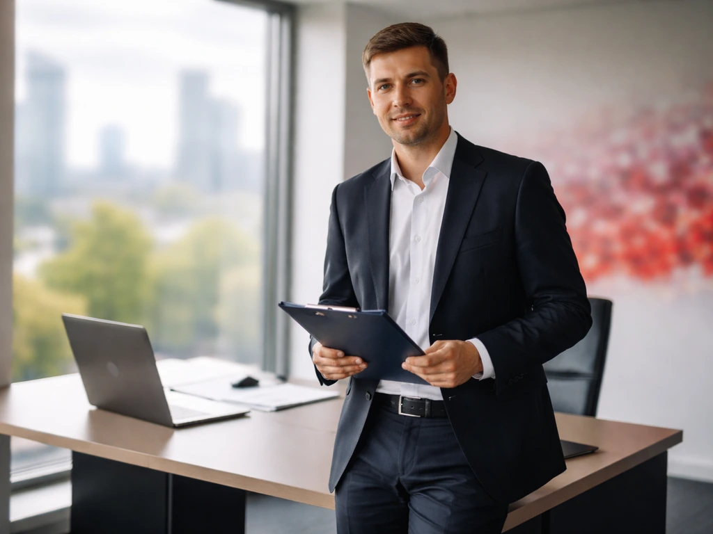 Anonymous executive in a modern office with sports-themed colors, suggesting an RB Leipzig CEO environment.