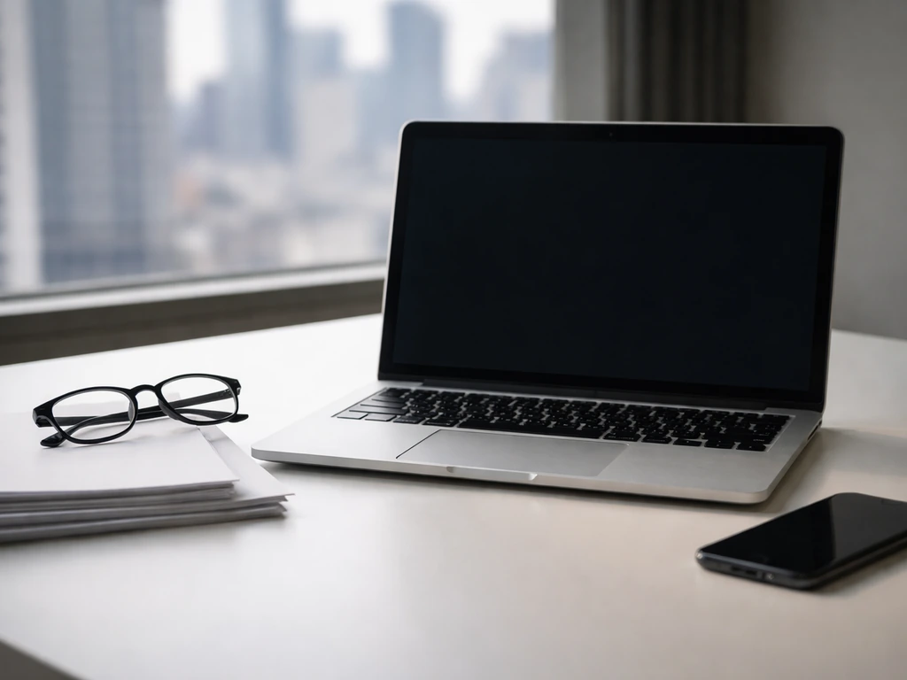 Minimal desk with laptop, papers, and phone suggesting lack of verified financial reporting.