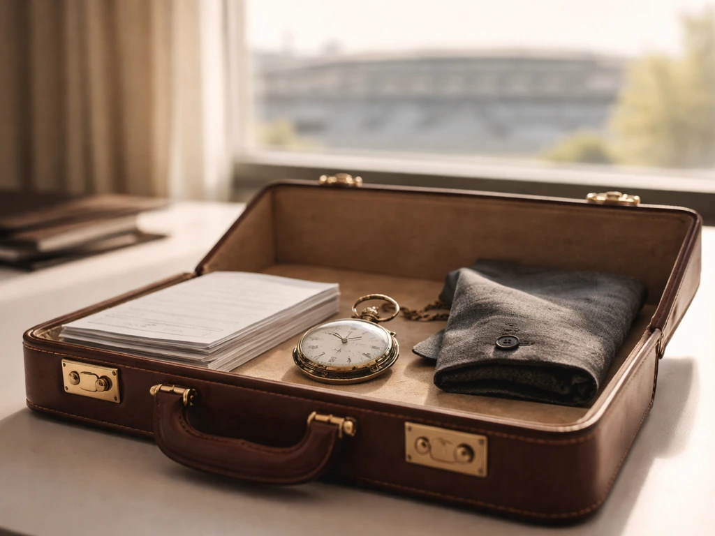 Minimal desk scene with a leather briefcase, pocket watch, and filed papers implying career wealth changes.