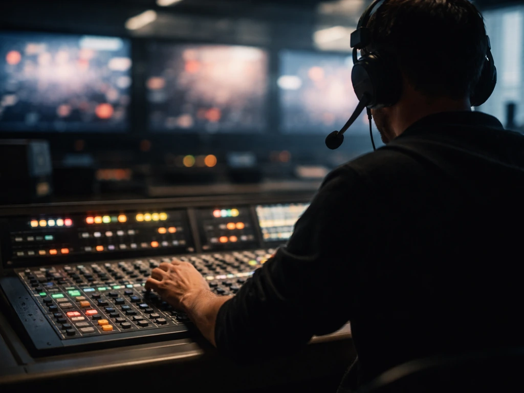 Anonymous control-room worker overseeing a live TV event from a broadcast console.