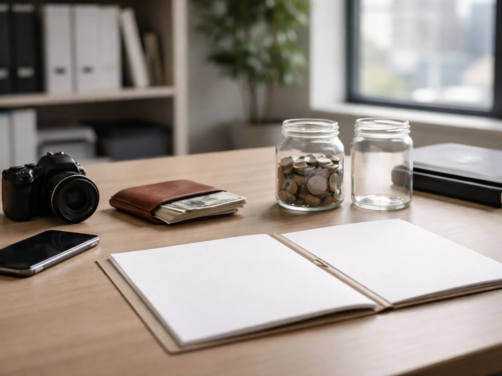 Media producer office desk with spread documents, smartphone, and subtle wealth symbols in a minimal setting
