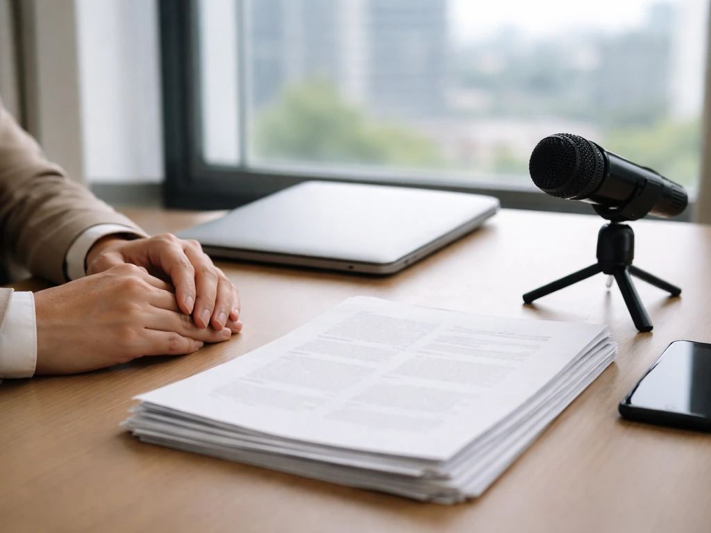 Hands on documents beside a microphone in a bright office, symbolizing verifying and interpreting financial info.