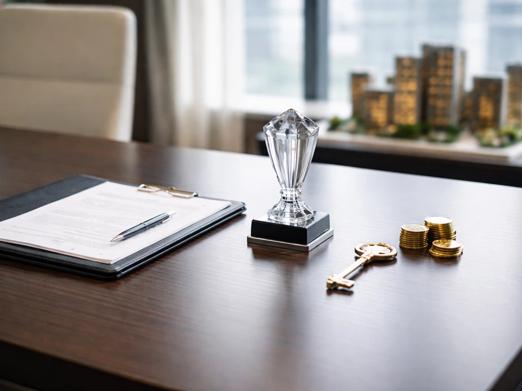 Minimal CEO office desk with contract folder, trophy, and brass key with coins representing wealth streams.