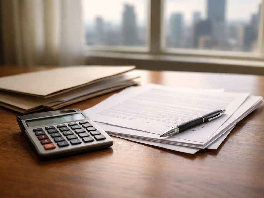 Close-up of a calculator and scattered financial documents on a desk, symbolizing assets minus liabilities.