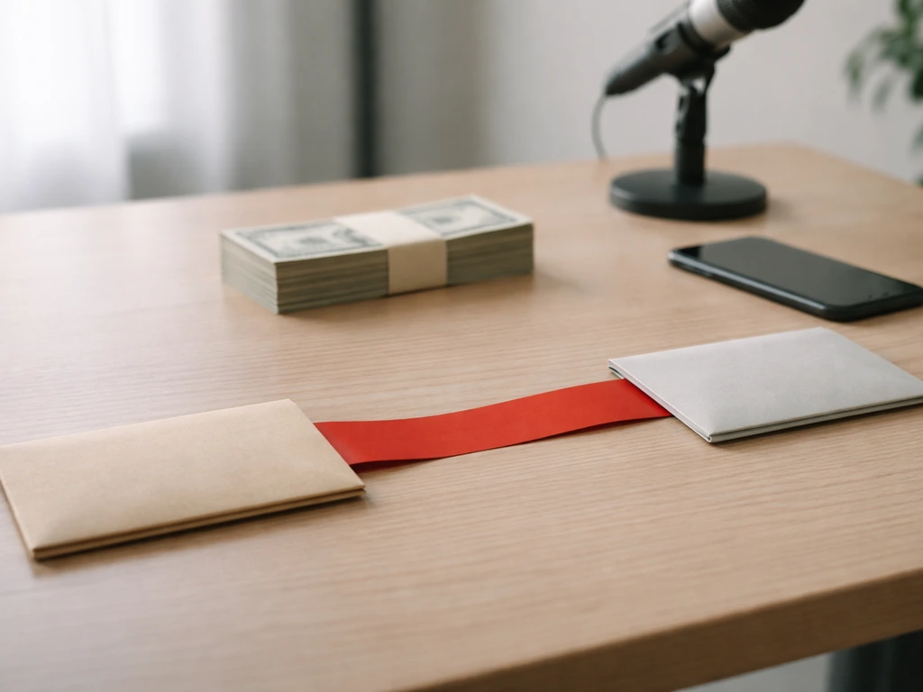 Minimal office desk with envelopes, currency-like stacks, and a red ribbon suggesting a wealth estimate range.