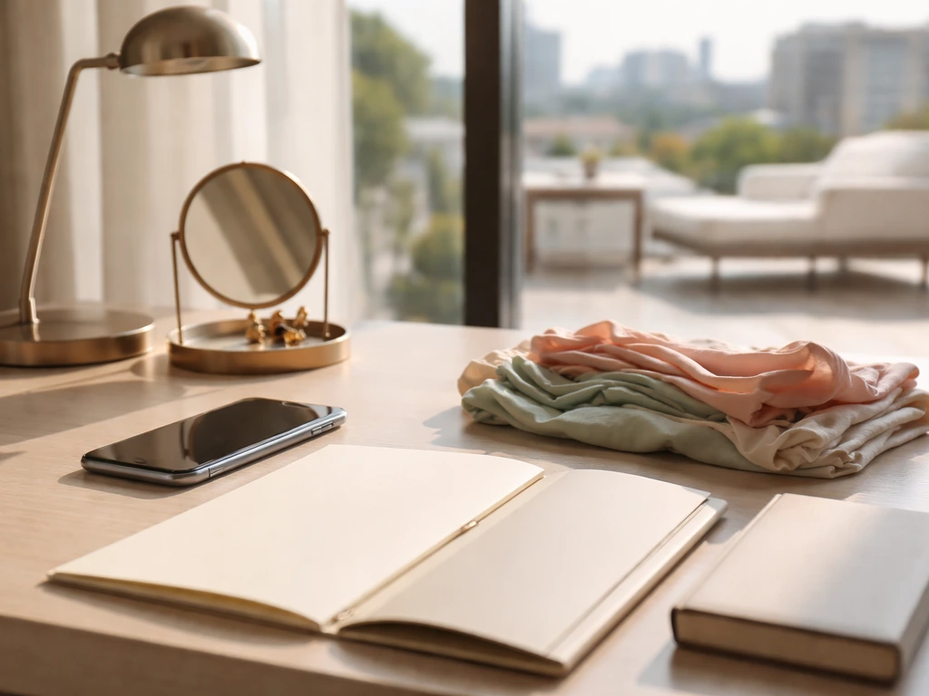 Sunlit influencer workspace with smartphone, fashion fabric, and blank documents, symbolizing wealth and verification.
