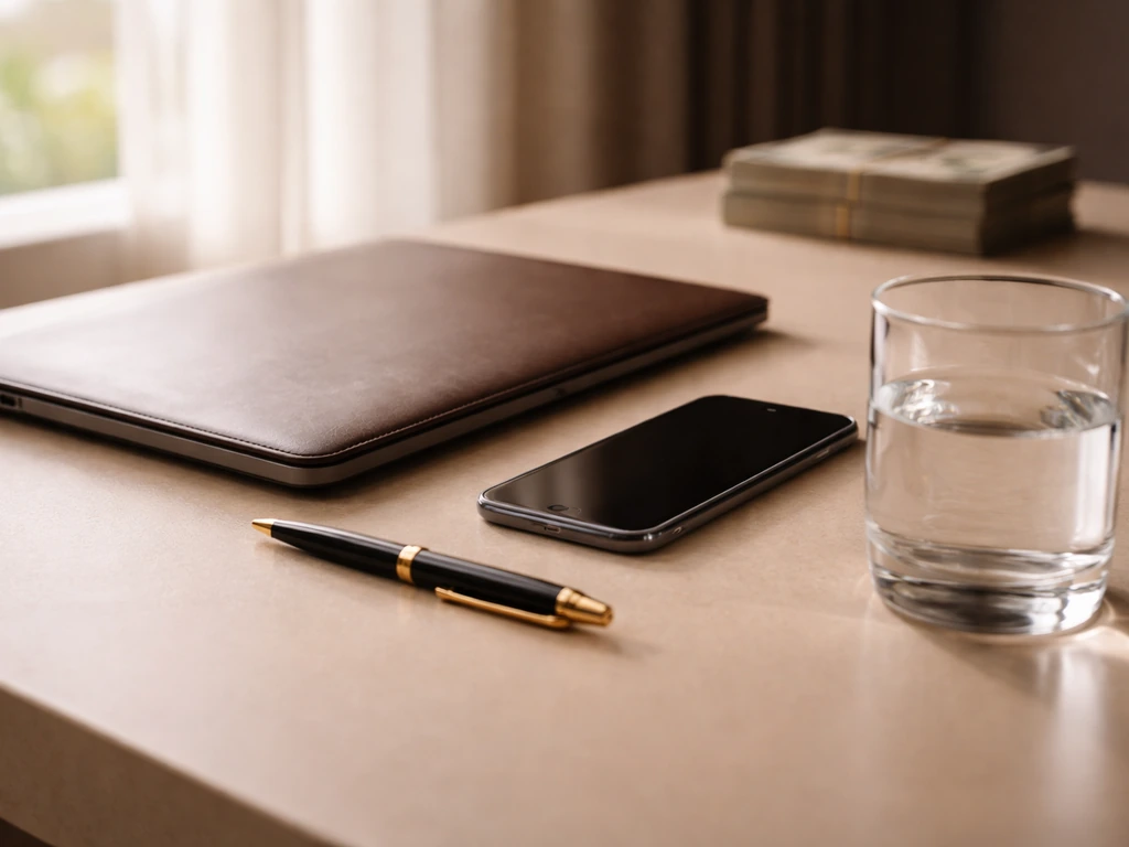 Minimal luxury desk with laptop, dark smartphone, gold pen, and softly blurred money symbolism