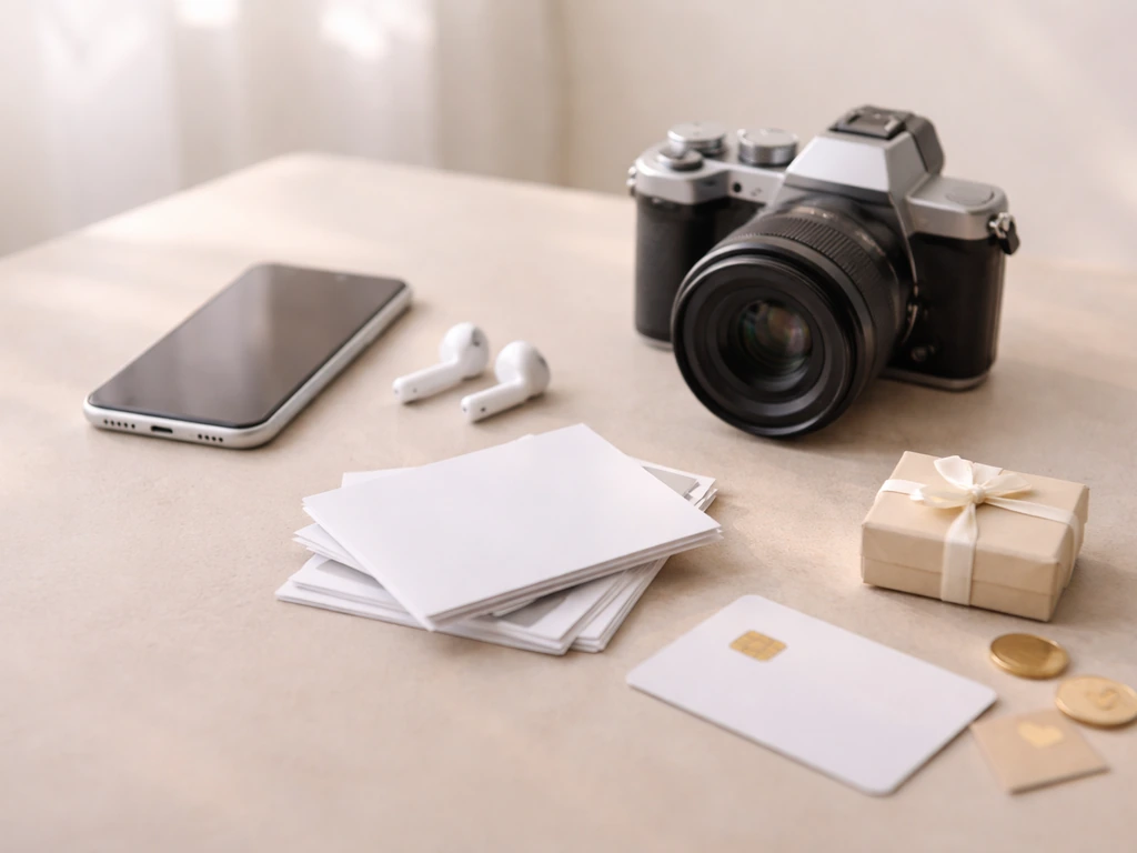 Minimal desk with phone, camera, photo cards, and small tokens suggesting influencer income streams.