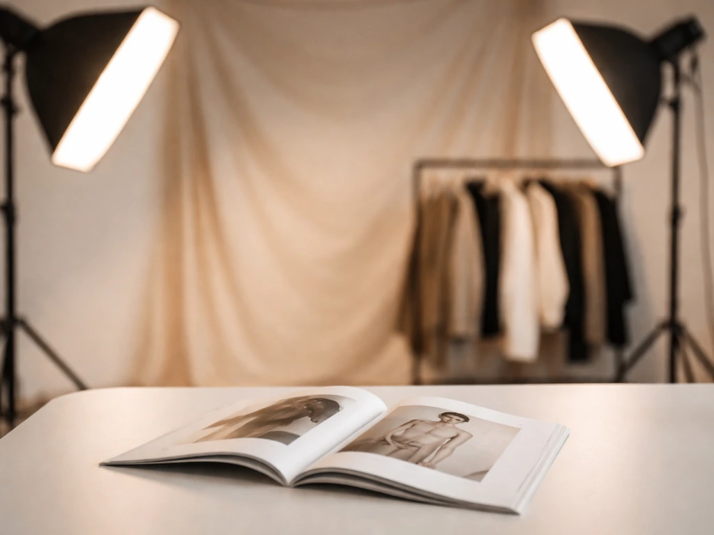 Minimal fashion photoshoot setup with soft studio lights and a magazine-style layout backdrop