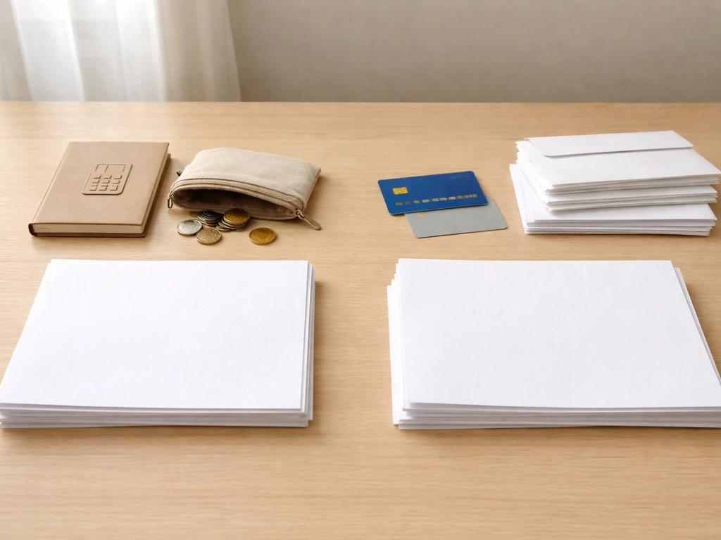 Minimal desk scene showing blank finance papers with generic savings items on one side and bill/credit items on the othe