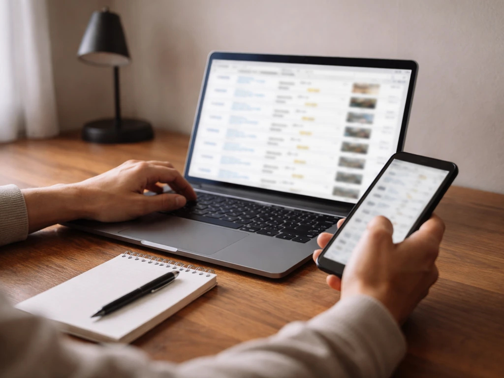 Anonymous hands at a desk using a laptop and phone to review auction results, minimal home office scene.