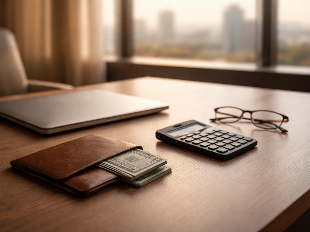 Close-up of a luxury office desk with a closed laptop, cash envelope, and a calculator for wealth investigation