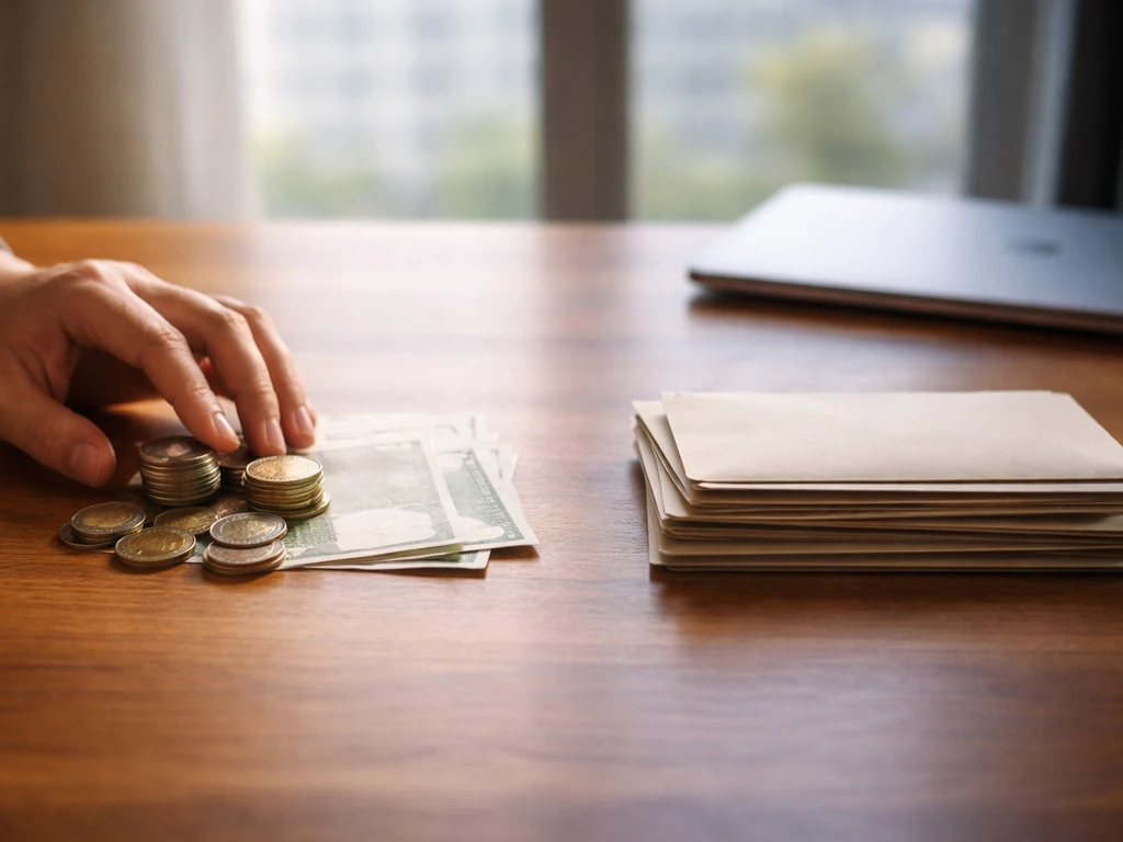 Hands over a notebook showing assets and liabilities concept with a simple money-focused desk scene