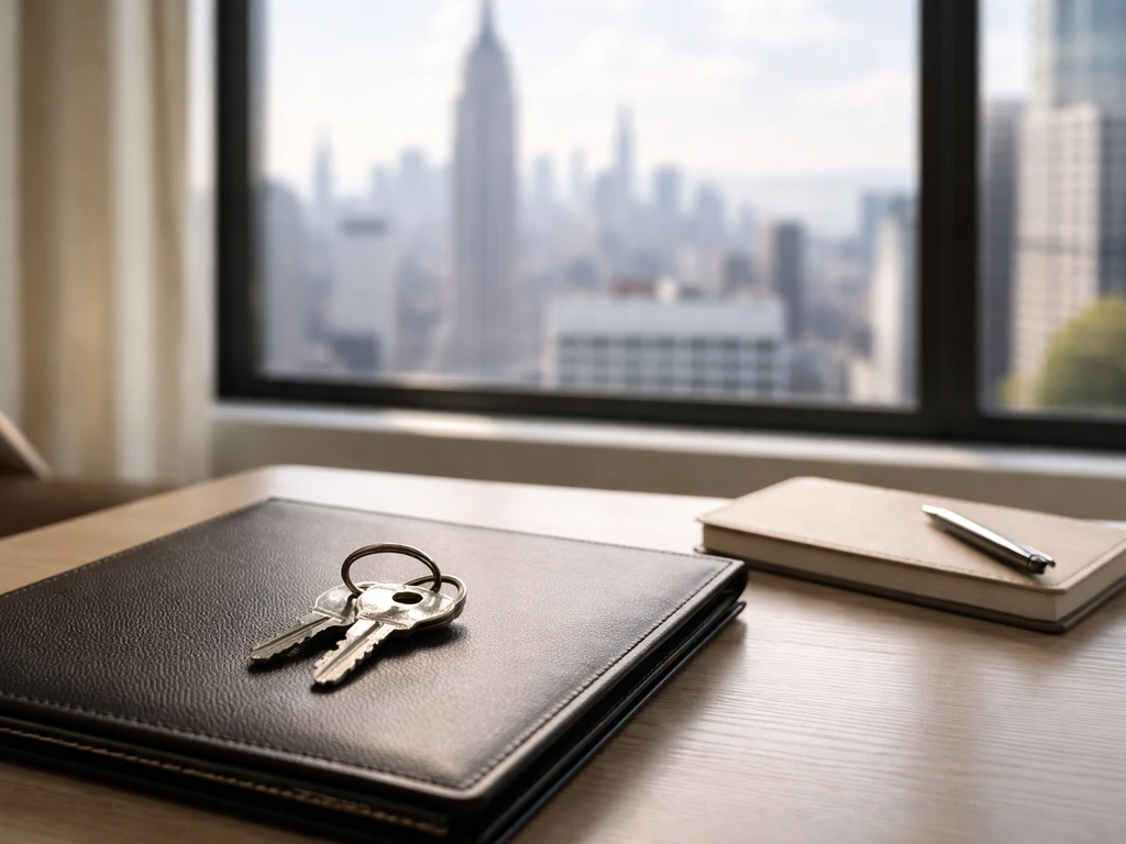 Minimal photo of a real-estate style office desk with keys and a blurred NYC skyline view