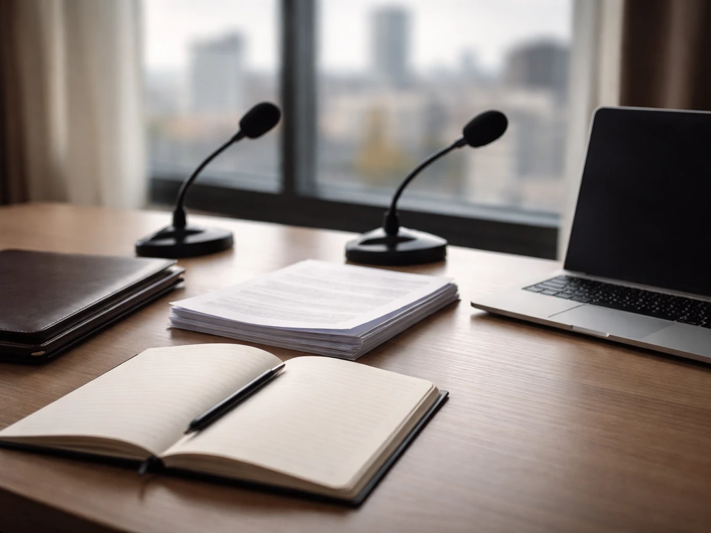 Minimal desk scene with blank documents and microphones, suggesting comparing financial sources without showing people.