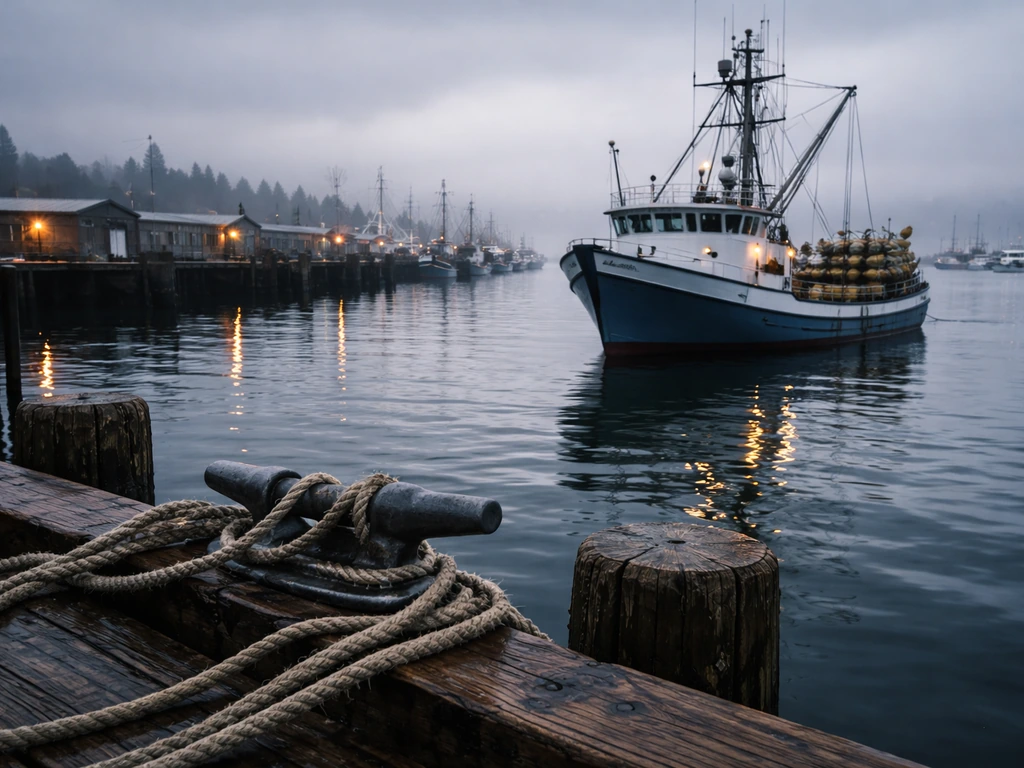Coastal fishing harbor at dusk with moored boat, evoking commercial fishing wealth context in Washington