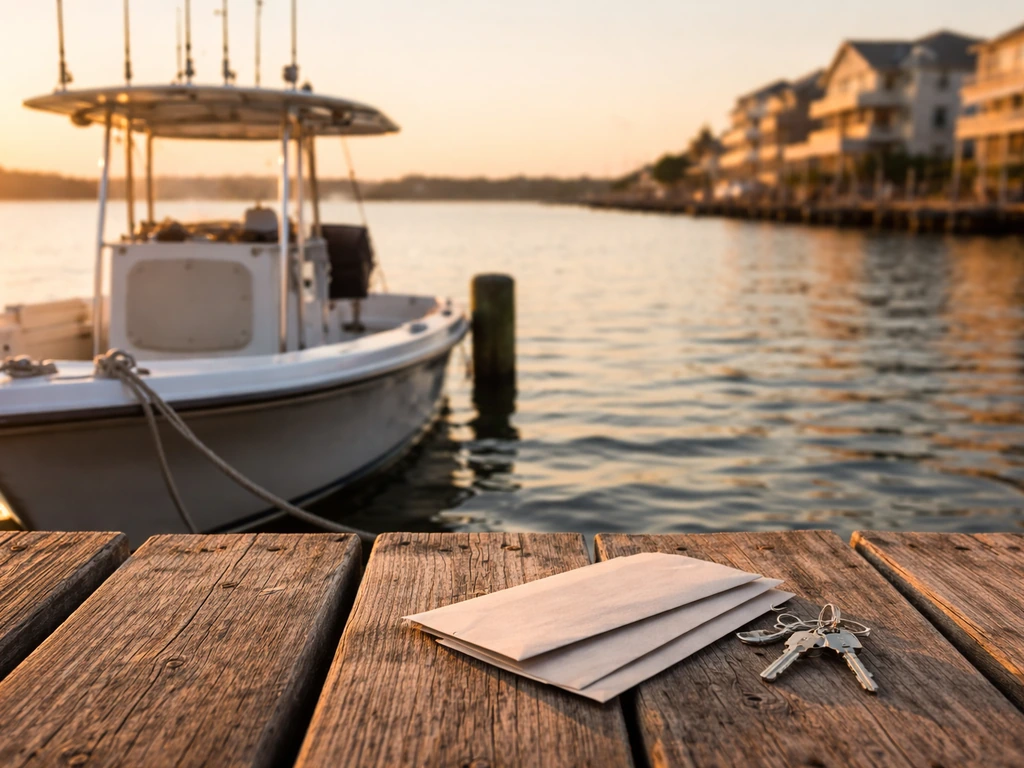 Fishing boat beside a quiet marina house with envelopes and keys on the dock to suggest assets and liabilities
