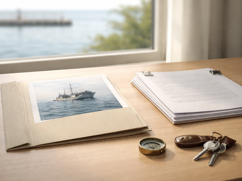 Minimal photo of an office desk with fishing vessel details on a folder and corporate documents, suggesting income strea