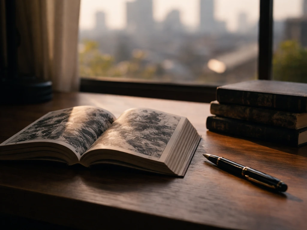 Minimal desk scene with a used manga volume and fountain pen beside a blurred city window, symbolic of a creator’s legac