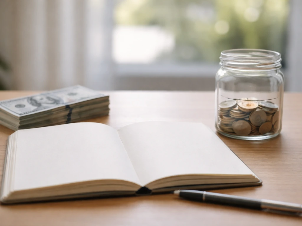 Minimal desk scene with stacked bills and coins in a jar symbolizing a net worth range.