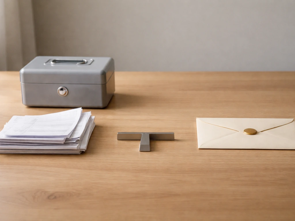 Minimal still life showing assets documents and a separate liabilities envelope, suggesting net worth calculation.