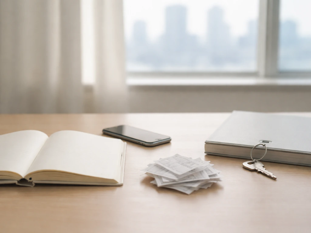 Minimal desk with receipts, blank notebook, and a binder suggesting what net worth estimates include or exclude.