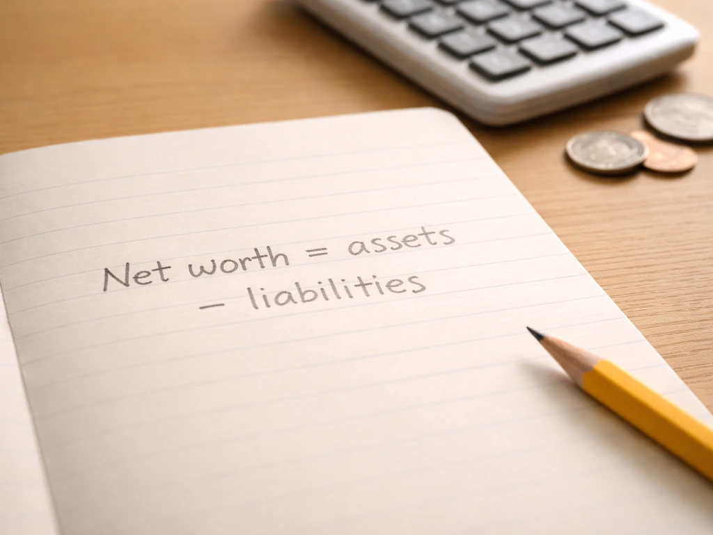 Close-up of a notebook page with a simple assets minus liabilities equation in pencil