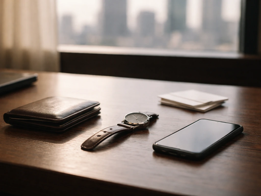 Minimal office desk with wallet and watch under natural light, suggesting business net-worth analysis.