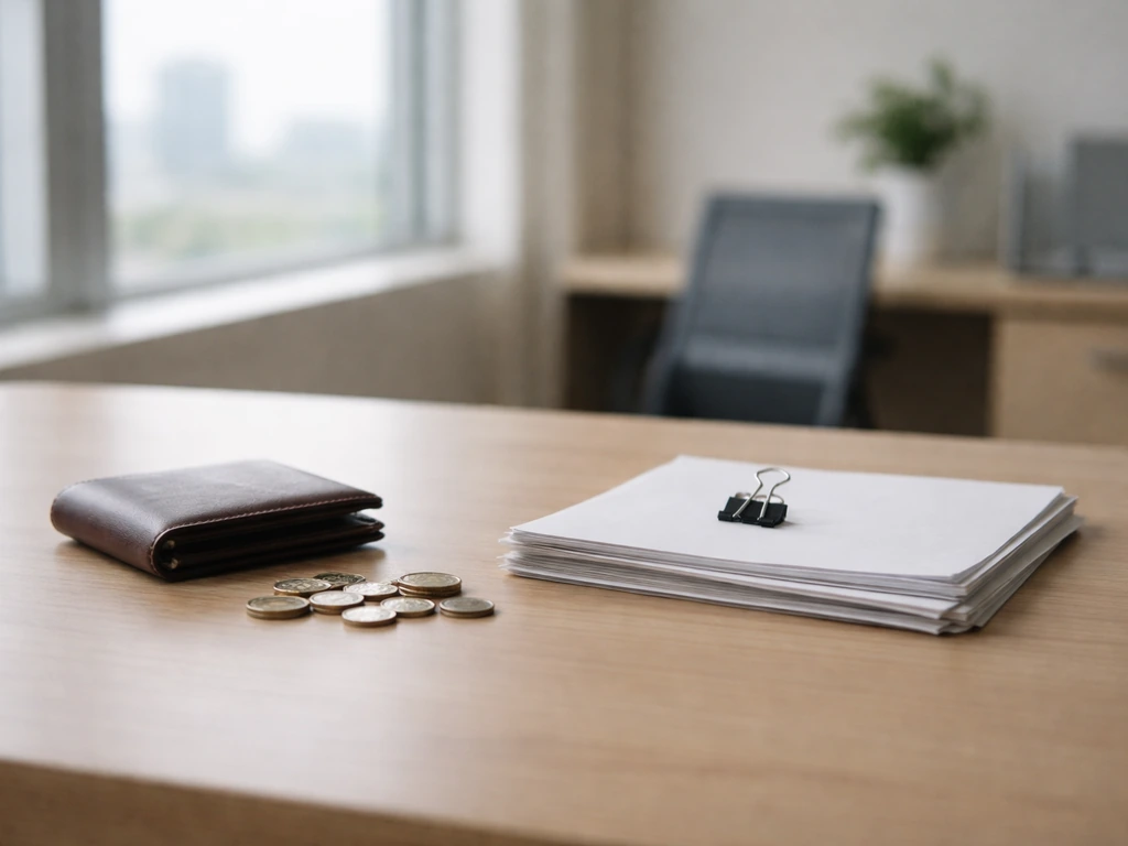 Minimal photo of a tidy office desk with wallet, coins, and scattered documents suggesting assets vs debts
