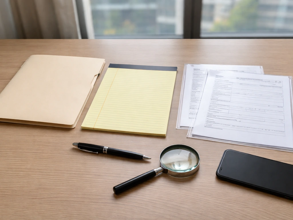 Minimal desk with blank business documents, magnifying glass, and pen for verifying career and income sources.