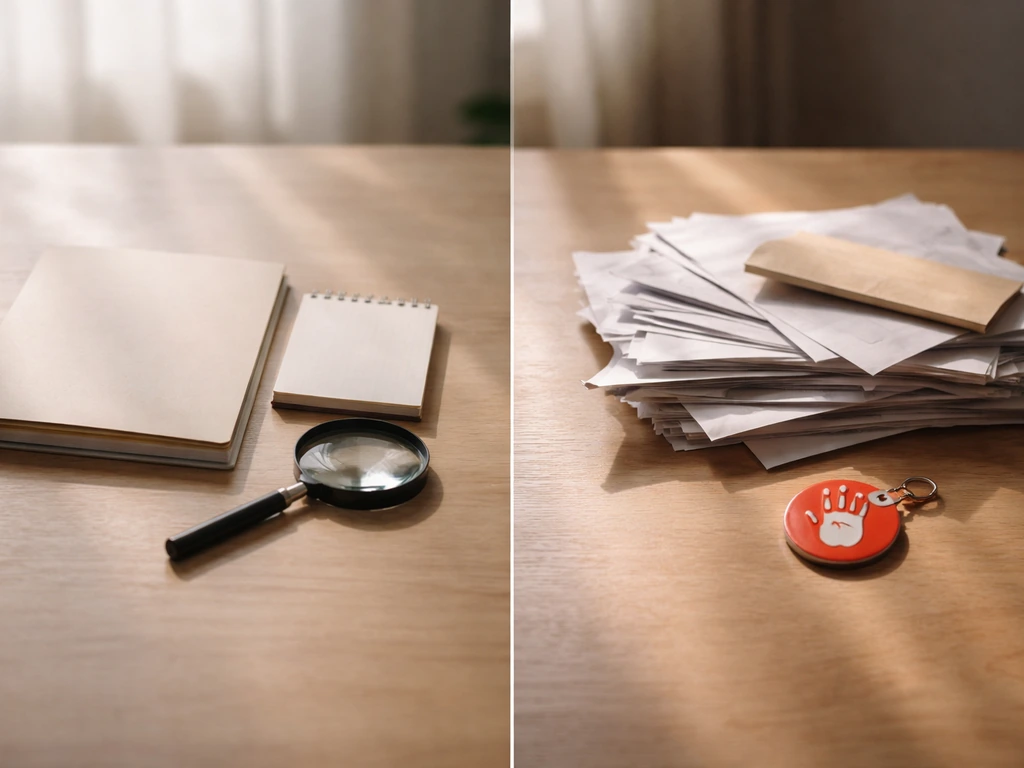 Minimal desk scene with two different folders to suggest credible vs not credible net-worth claim patterns