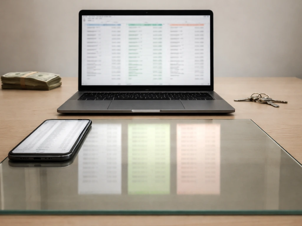 Minimal desk scene showing three different finance spreadsheets reflected on a glass surface, symbolizing net worth esti