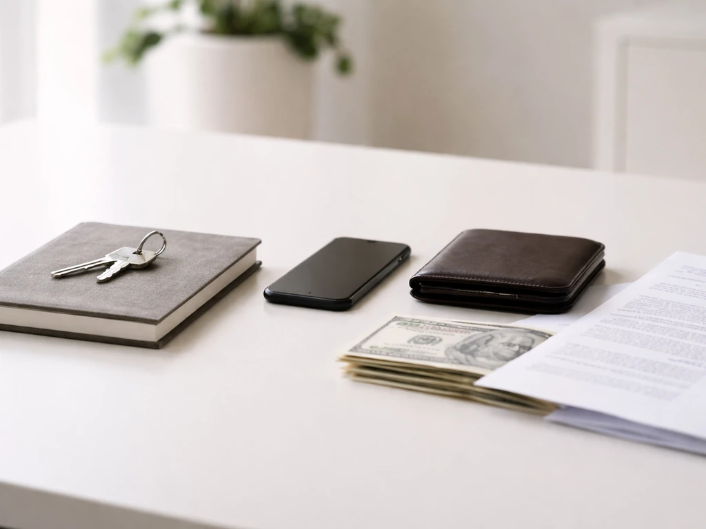 Minimal photo showing three asset categories: a house key, an investment notebook, and cash in an office setting.