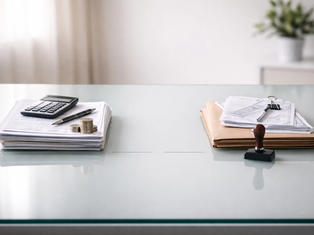 Minimal photo of documents and coins versus bills on a desk, symbolizing assets minus liabilities.