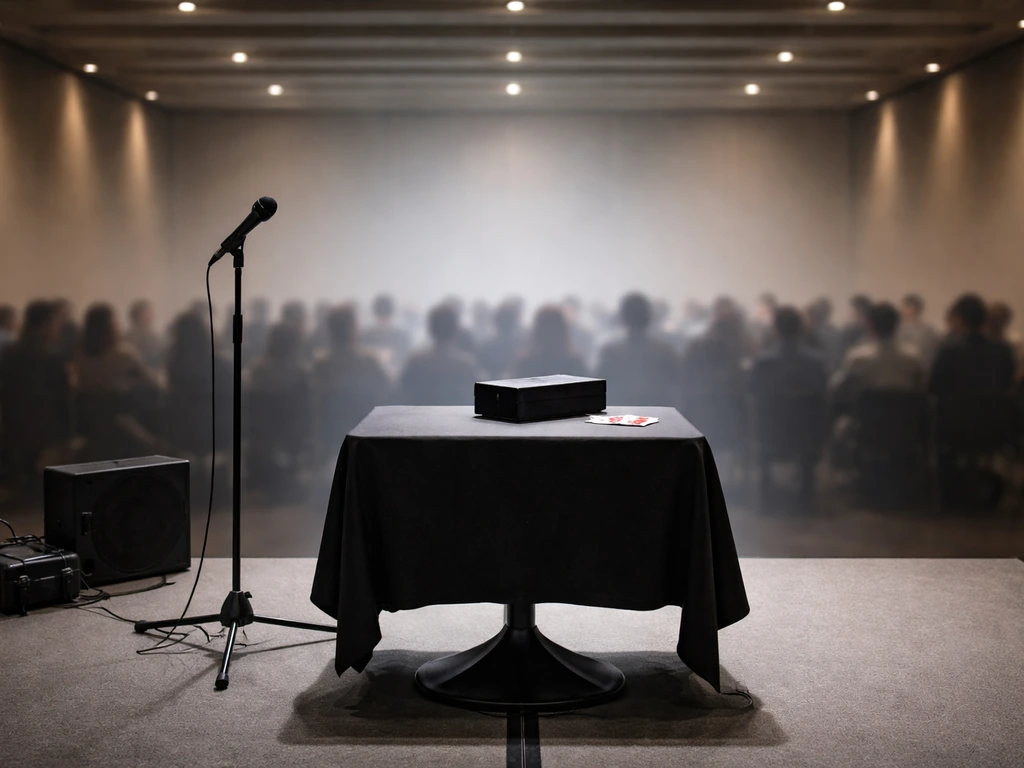 Empty corporate event stage with a magician-style table, subtle props, and audio gear symbolizing private bookings.